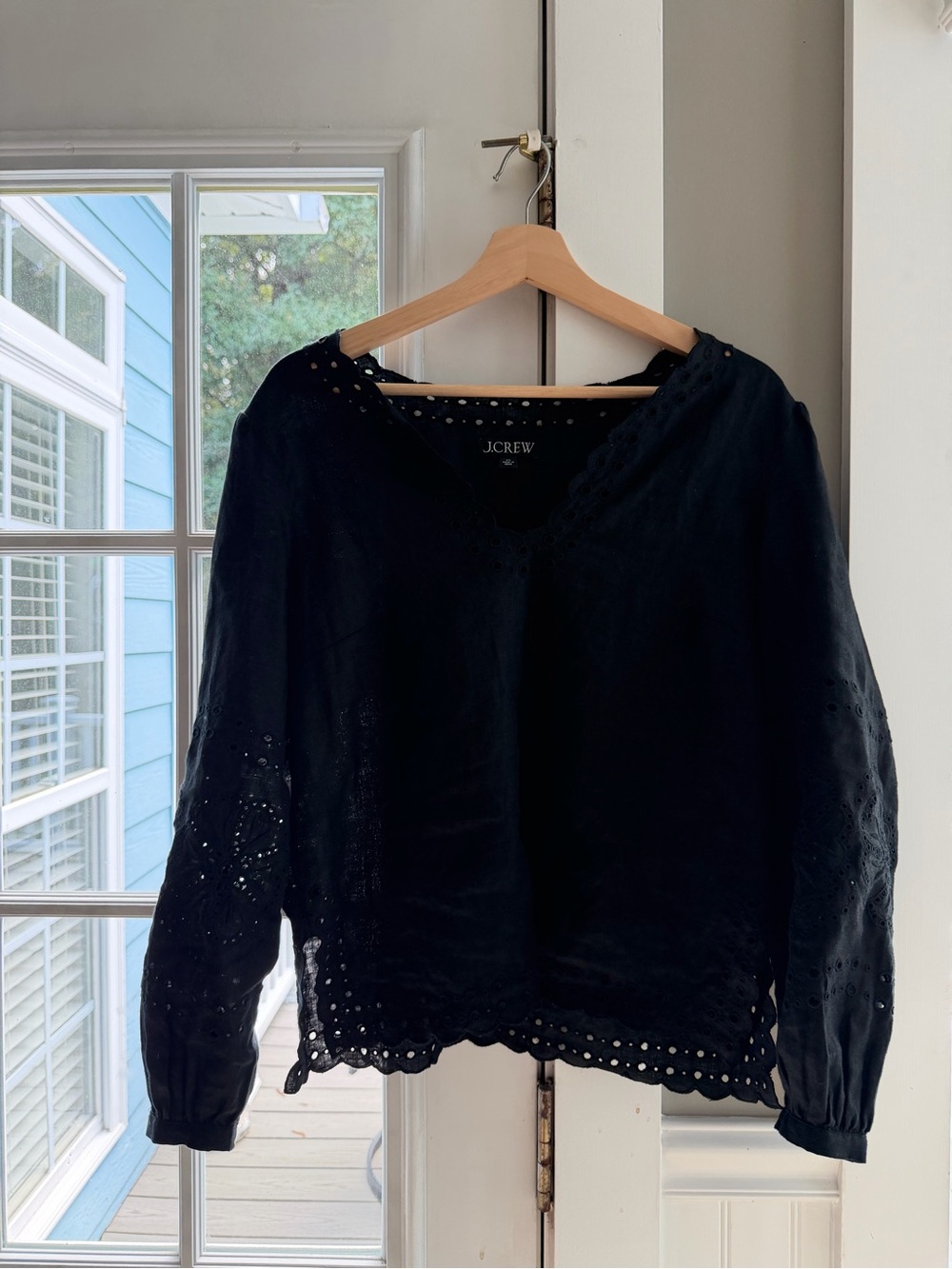 J. Crew Black Eyelet V-Neck Peasant Blouse